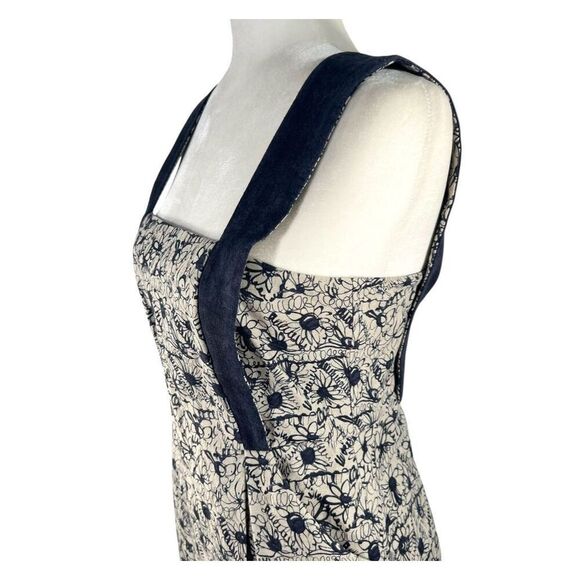 Adam Lippes New !! Jacquard Sheath Dress Sz Small 4 Beige & Navy Floral Linen - Picture 5 of 13